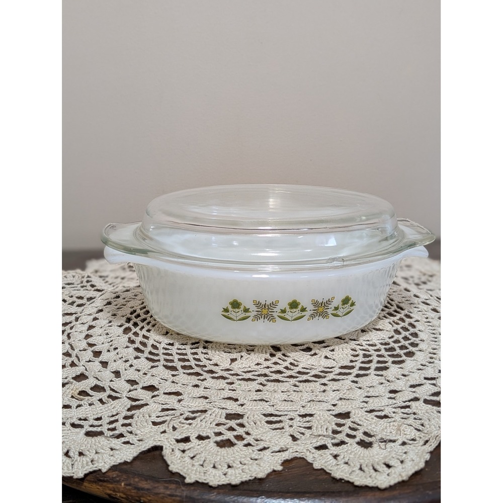 Fire-King Casserole Dish Unisex 1.5 QT White Good Meadow Green Floral Vintage